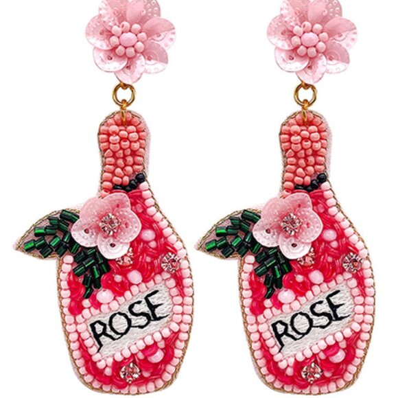 Rose Wine Bottle Pink Floral Seed Beaded Earrings NEW - Picture 2 of 3
